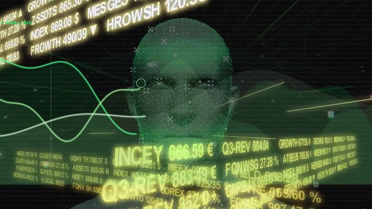 Market ribbons rotating into view, line graphs sweeping across point cloud head, showing markets
