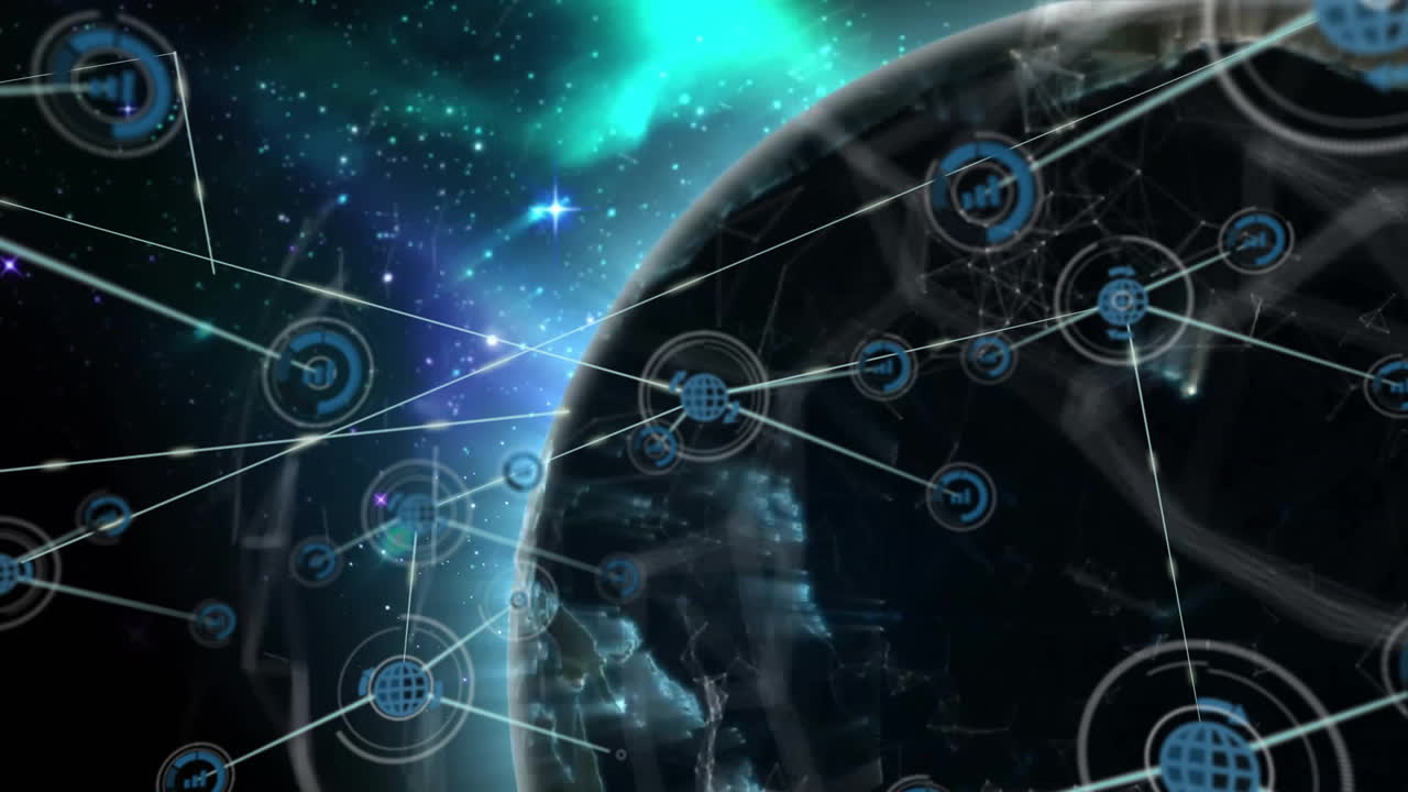animación de la red de conexiones con iconos en todo el mundo sobre fondo negro