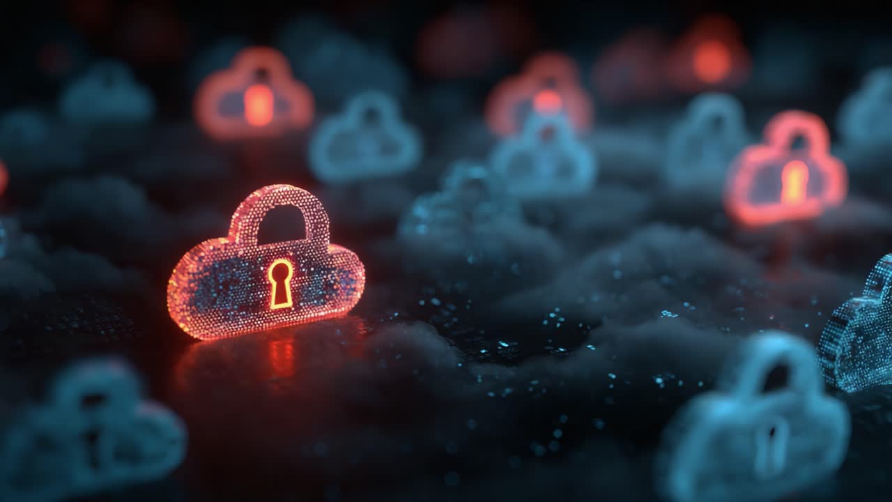 A Digital Security Landscape Featuring Layered Cloud Locks with Illuminated Keyholes, Symbolizing Advanced Cybersecurity and Data Protection Techniques