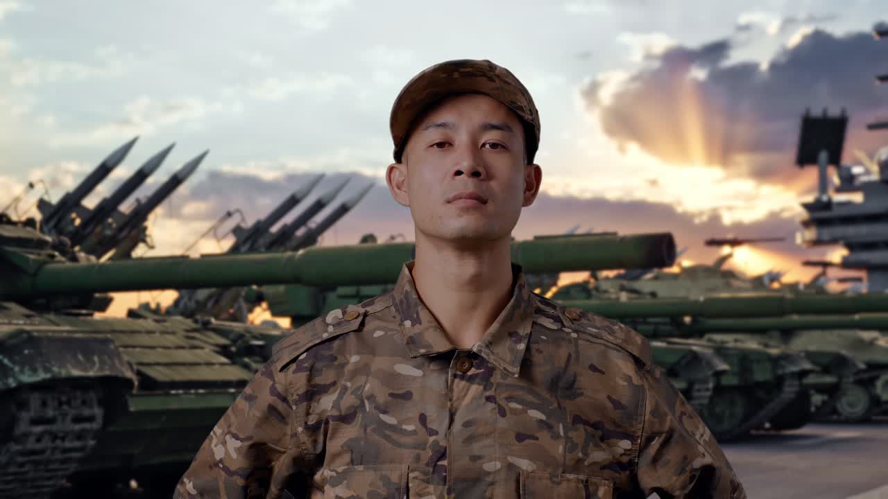 戦車を背に立つアジア人兵士のクローズアップ。迷彩柄の軍服を着た勇敢な若い兵士。
