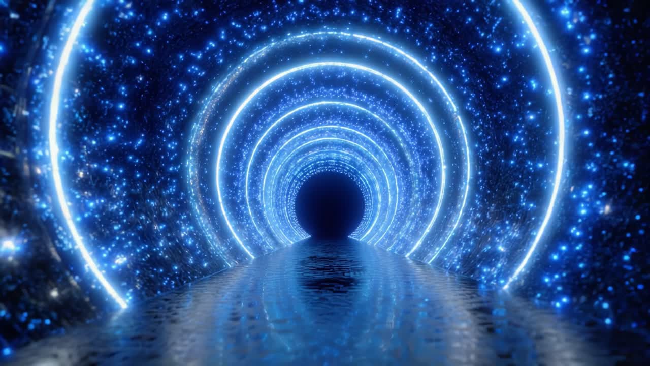 A Glimmering Journey Through a Futuristic Blue Tunnel of Light: An Immersive Experience into a Galaxy of Sparkling Stars and Endless Possibilities