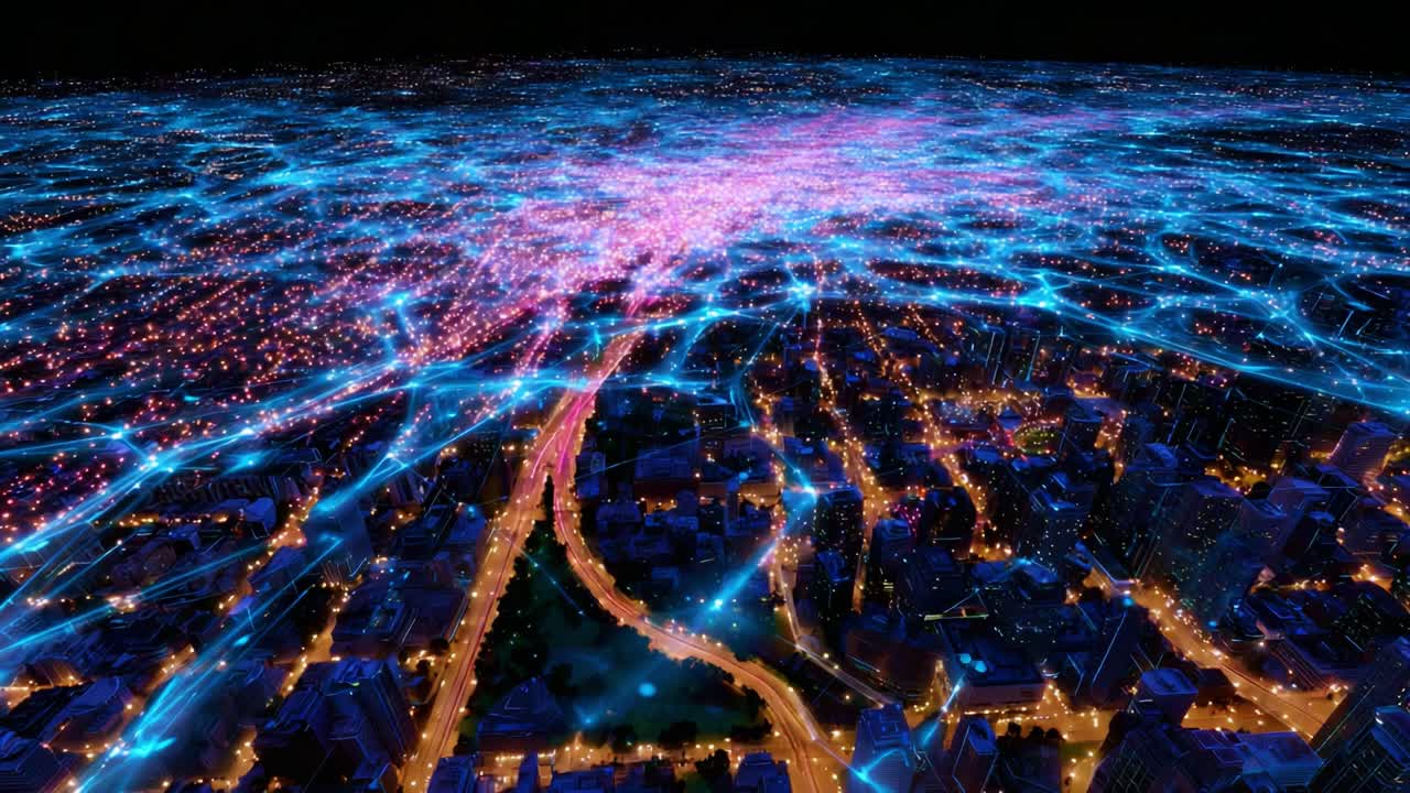 A Stunning Aerial View of a Vibrant Cityscape Illuminated by a Web of Dynamic Blue and Pink Light Trails, Depicting the Interconnectedness of Modern Urban Life and Technology in Motion