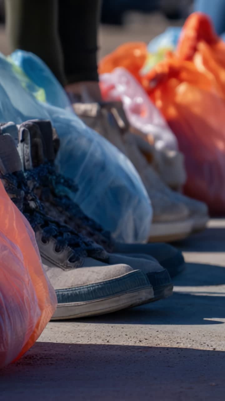 Vibrant Array of Shoes Wrapped in Colorful Plastic Bags Showcasing Creativity and Unique Styles in a Dynamic Urban Setting