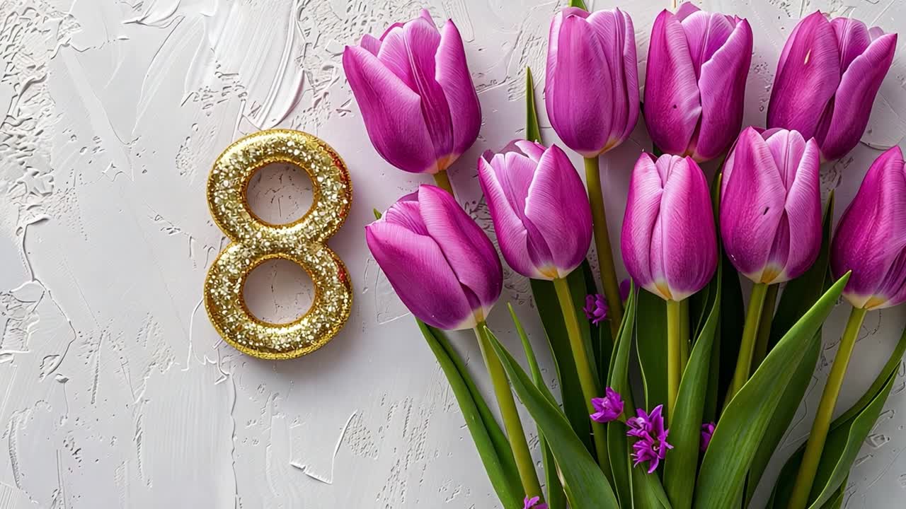 International Women's Day: Golden Number 8 and Purple Tulips