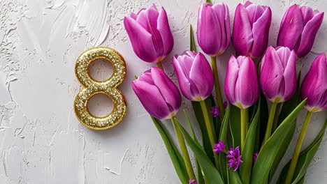 international women's day: golden number 8 and purple tulips