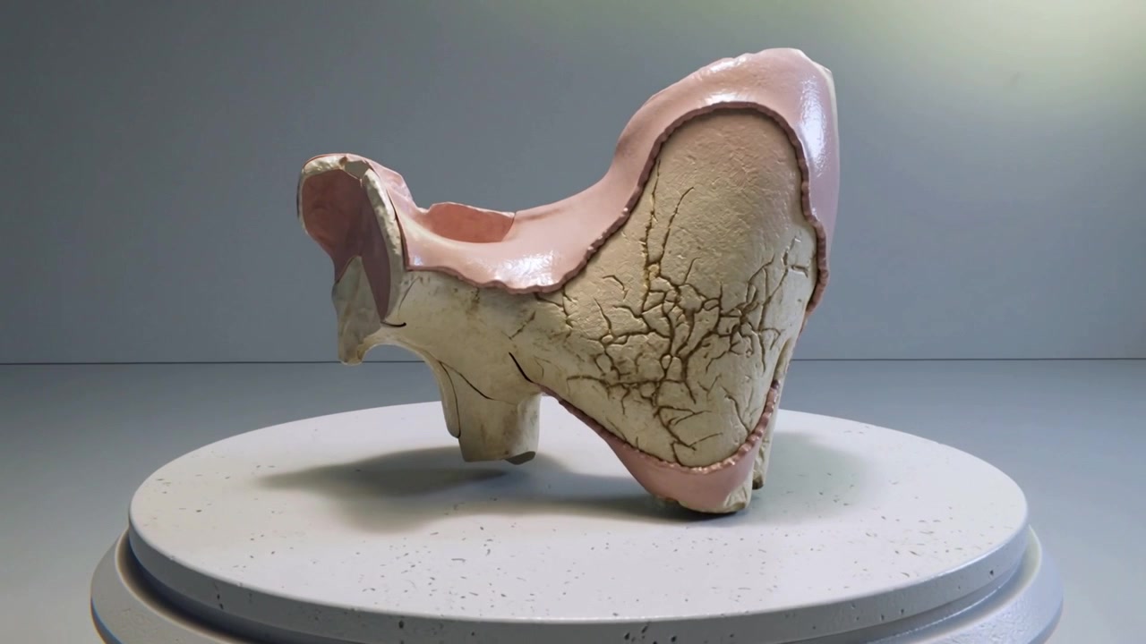 Starting motor rotating turntable, sculpture showing glossy pink top and crazed beige panel studio