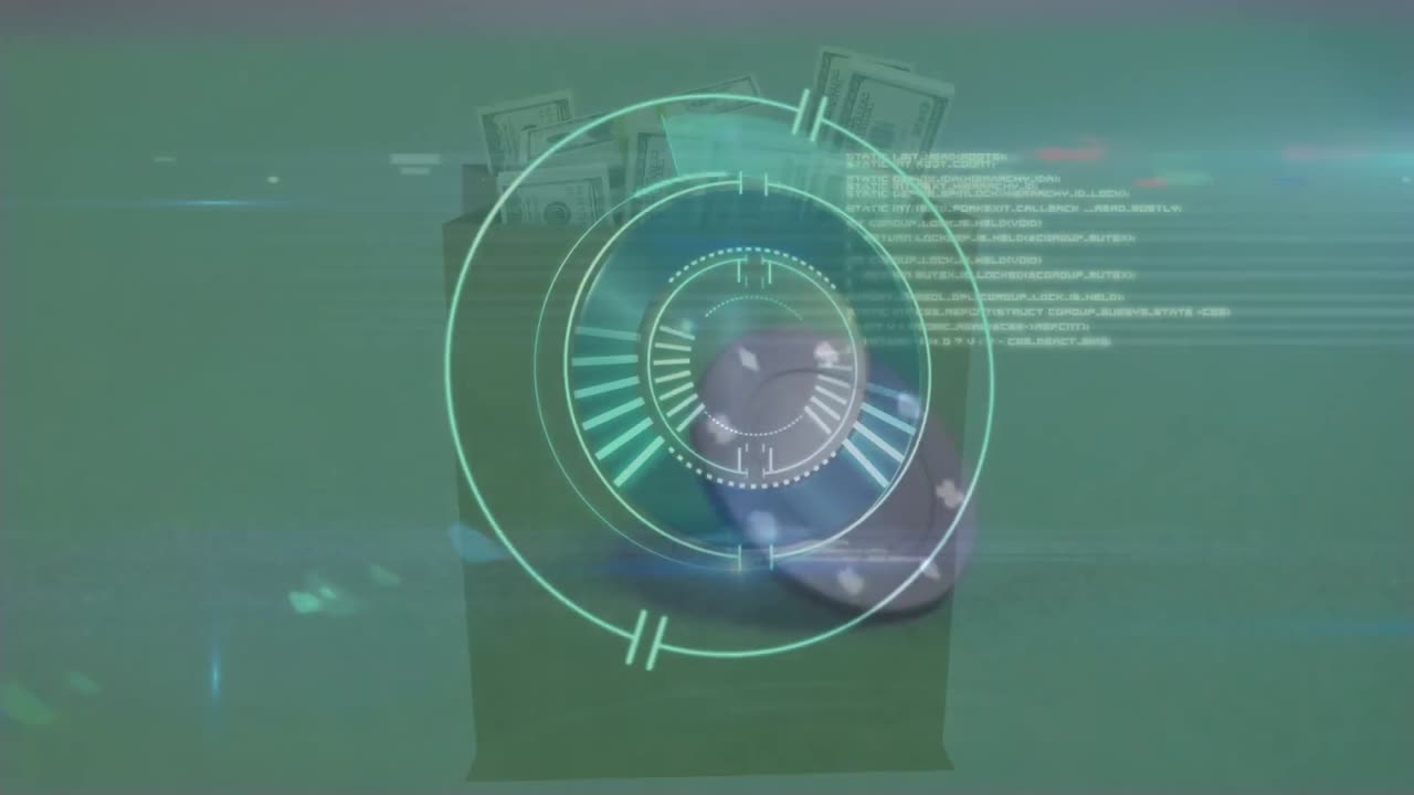 지폐가 들어있는 가방 위의 데이터 처리의 애니메이션