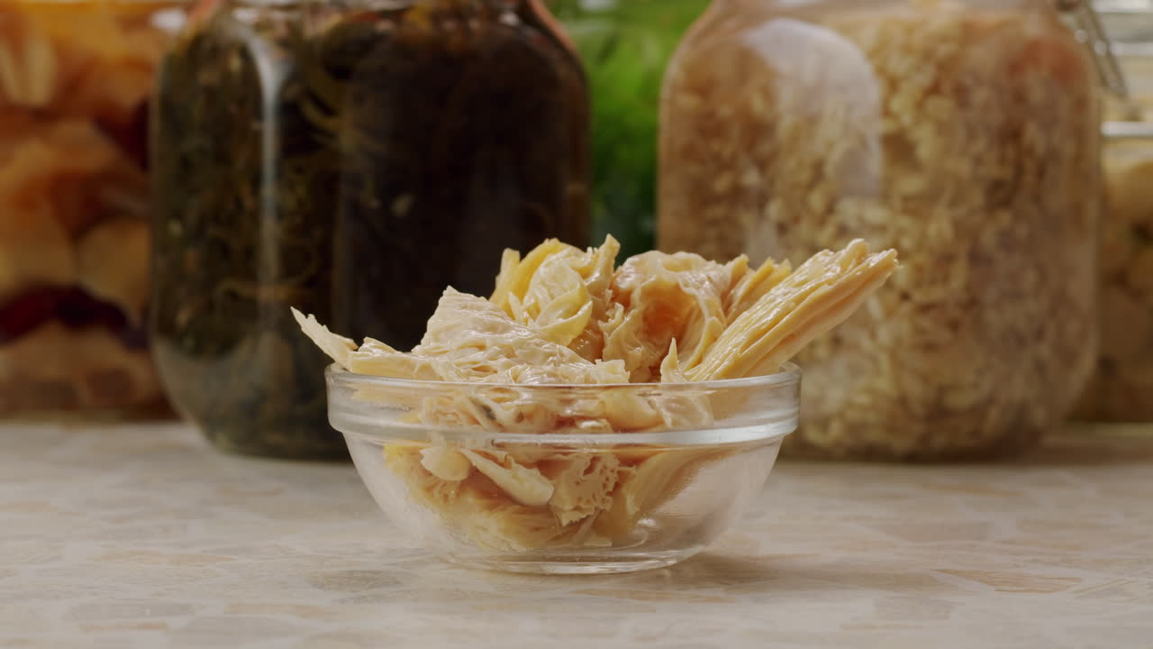 Fermented soy food Fuzhou, Tofu skin yuba sticks or Fuzhu on plate. Healthy asian soy food, Korean and Chinese cuisine.