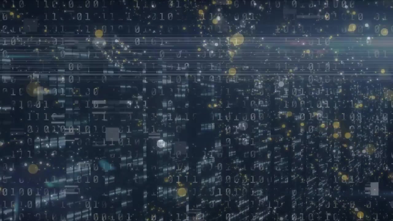 Animation of circles flying over binary codes and bar graphs moving in loop