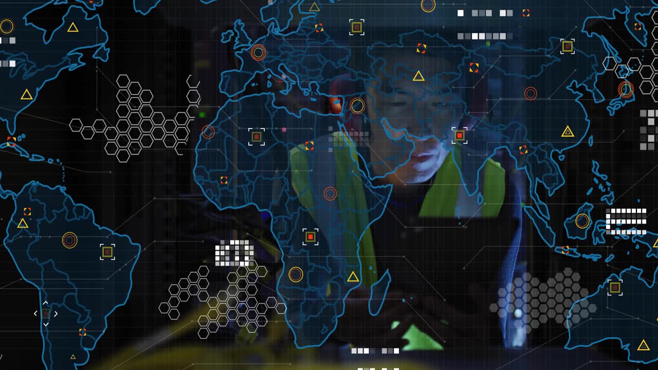 Tech resting both hands on table activating world map overlay scanning network metrics via tablet