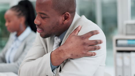 shoulder pain, injury or businessman in office