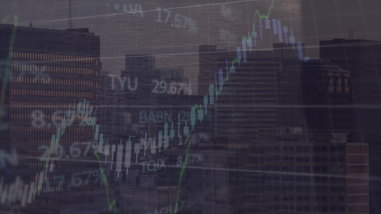 animación del procesamiento de datos financieros sobre personas que caminan por la calle y el paisaje urbano