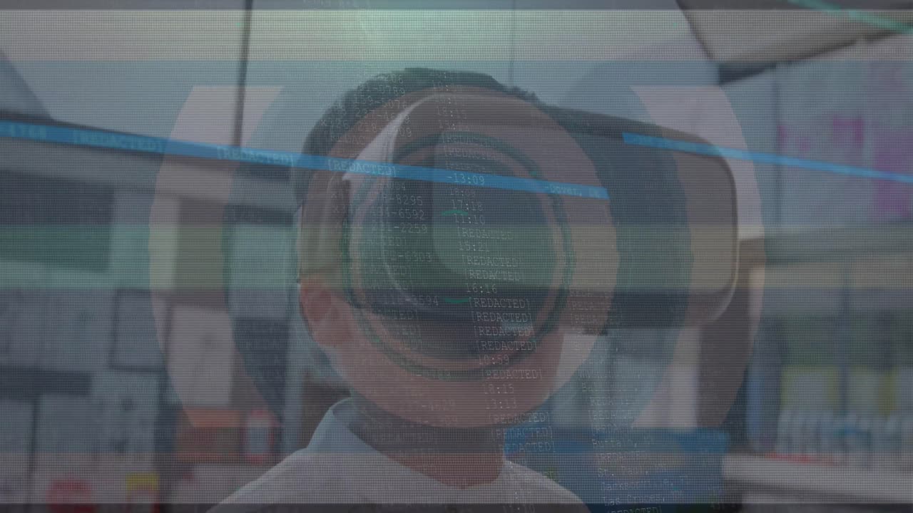 Animation of scope scanning with glitch and boy using vr headset