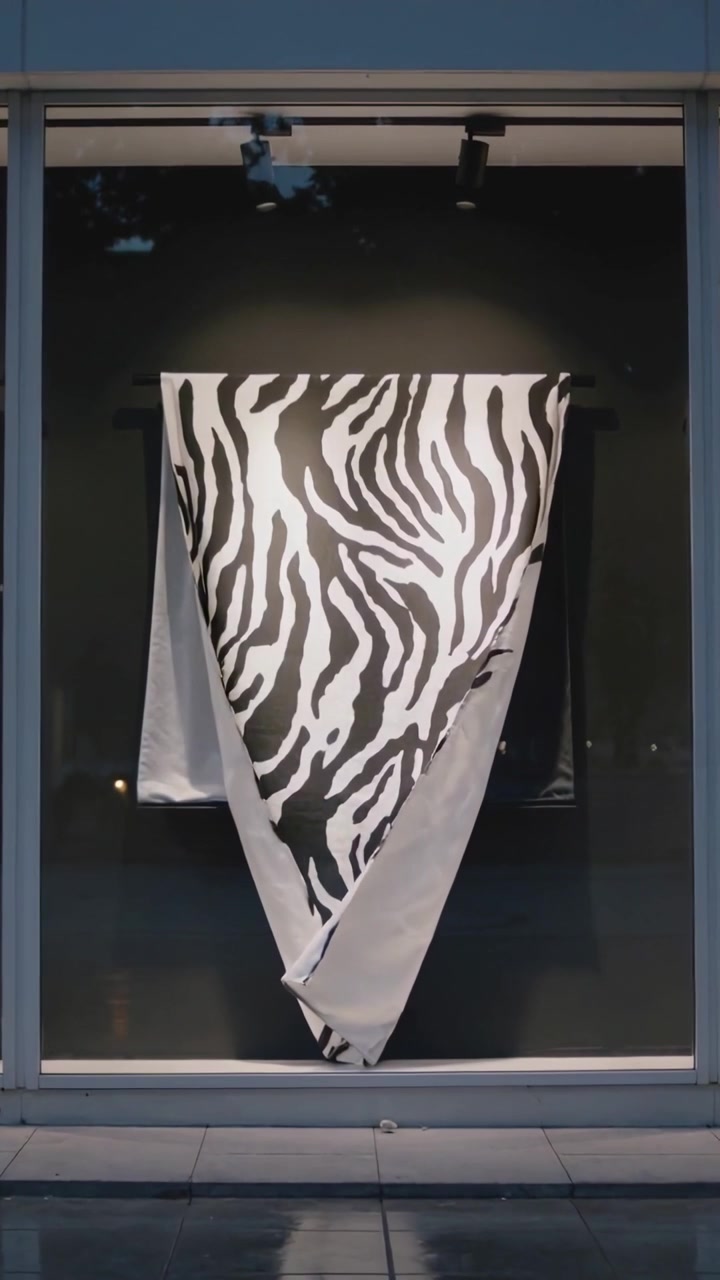 Vertical video: Hidden hand pulling zebra drape into point, releasing, drape relaxing in lit window