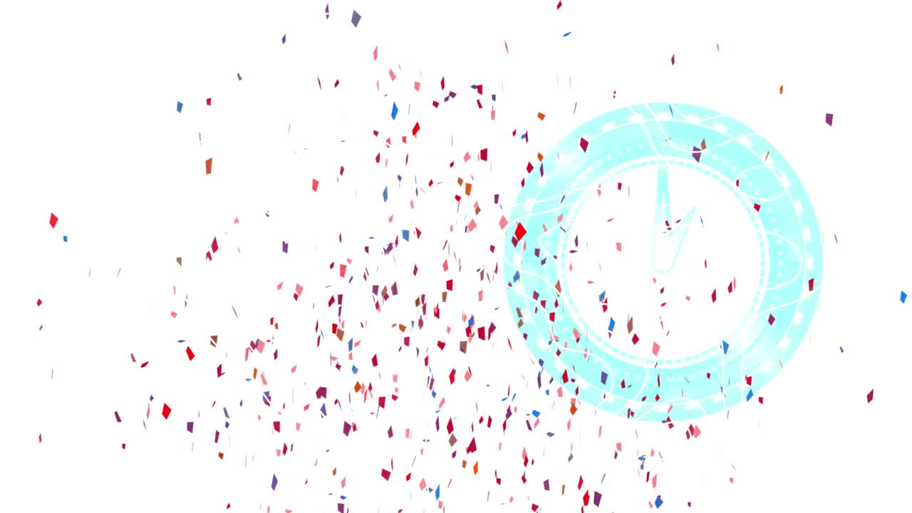 Animation of colorful confetti falling over clock on white background