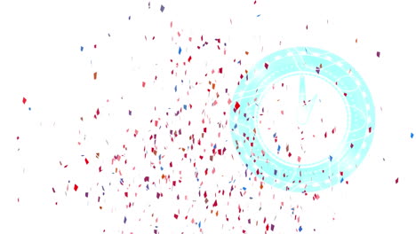 animation of colorful confetti falling over clock on white background