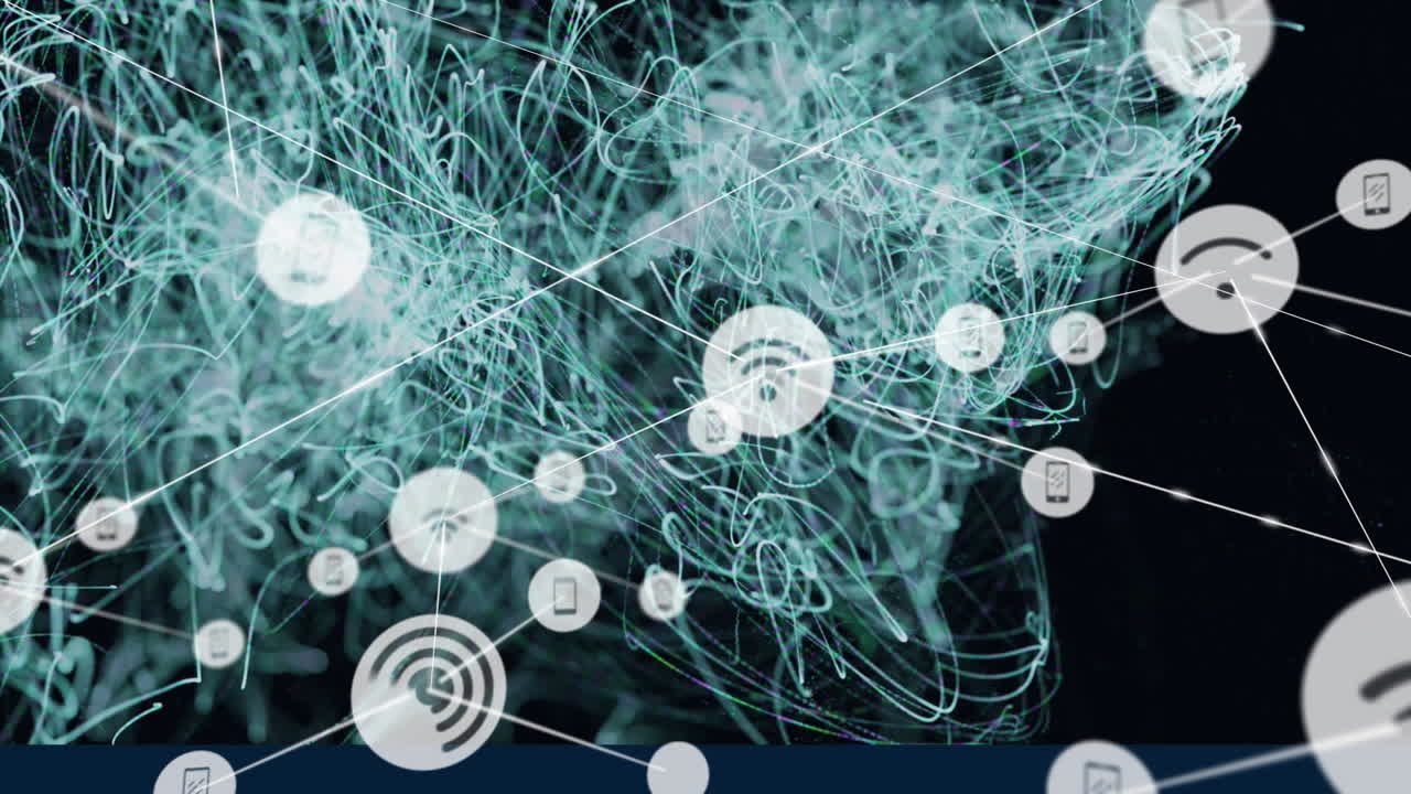 Animation of network of connections with icons over glowing green light trails