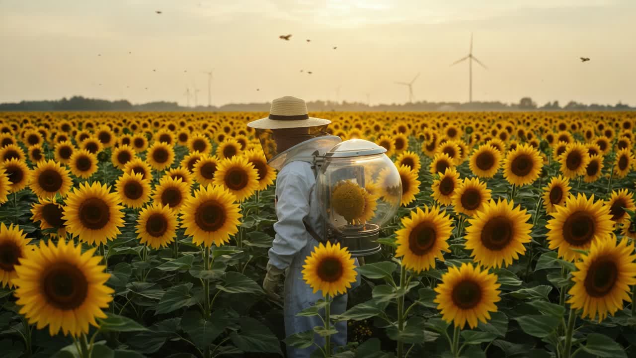 A Dedicated Farmer Amongst Vibrant Sunflower Fields at Sunset, Harnessing Nature's Beauty and Embracing Sustainable Agriculture Practices for a Greener Future