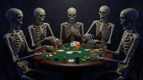 a spooky poker night: five skeletons engage in a thrilling game at a green felt table, surrounded by colorful chips and cards in eerie atmosphere