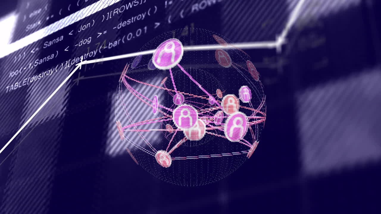컴퓨터 코드를 통해 연결 네트워크 및 데이터 처리 애니메이션