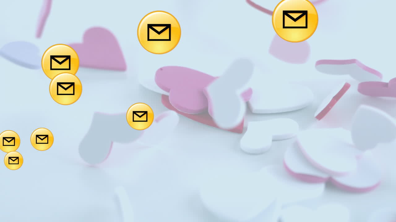varios iconos de mensajes flotando sobre varios corazones cayendo contra un fondo blanco