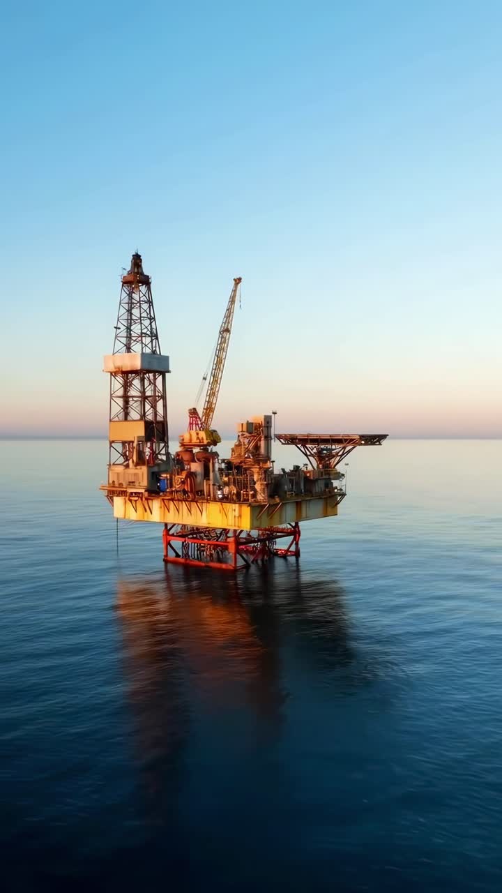 Luftvideo af en offshore-olieplatform ved solnedgang, der viser dens struktur mod et roligt hav