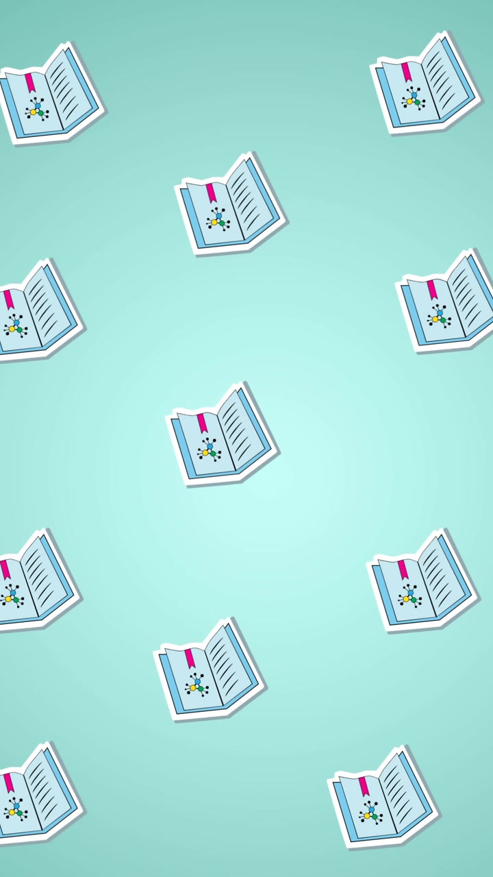 Digital animation of multiple textbooks and sharpener against green background