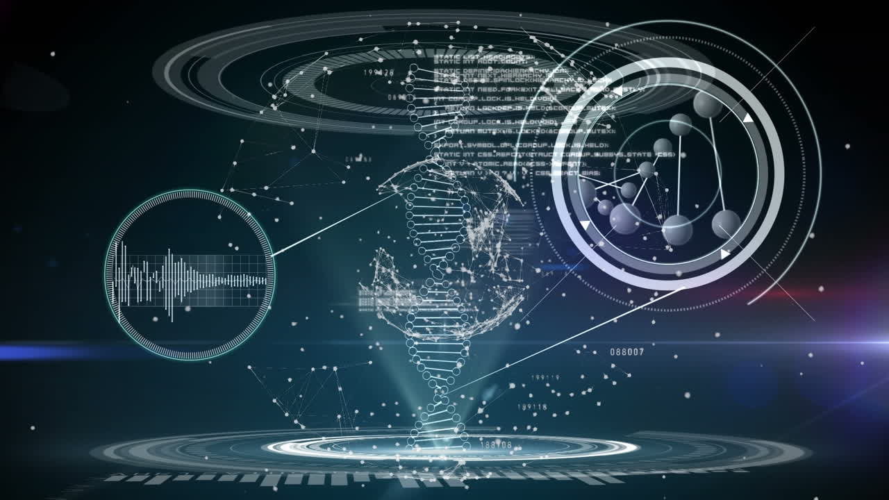 검은색 배경에 있는 dna 줄기 위의 연결 네트워크의 애니메이션과 데이터 처리