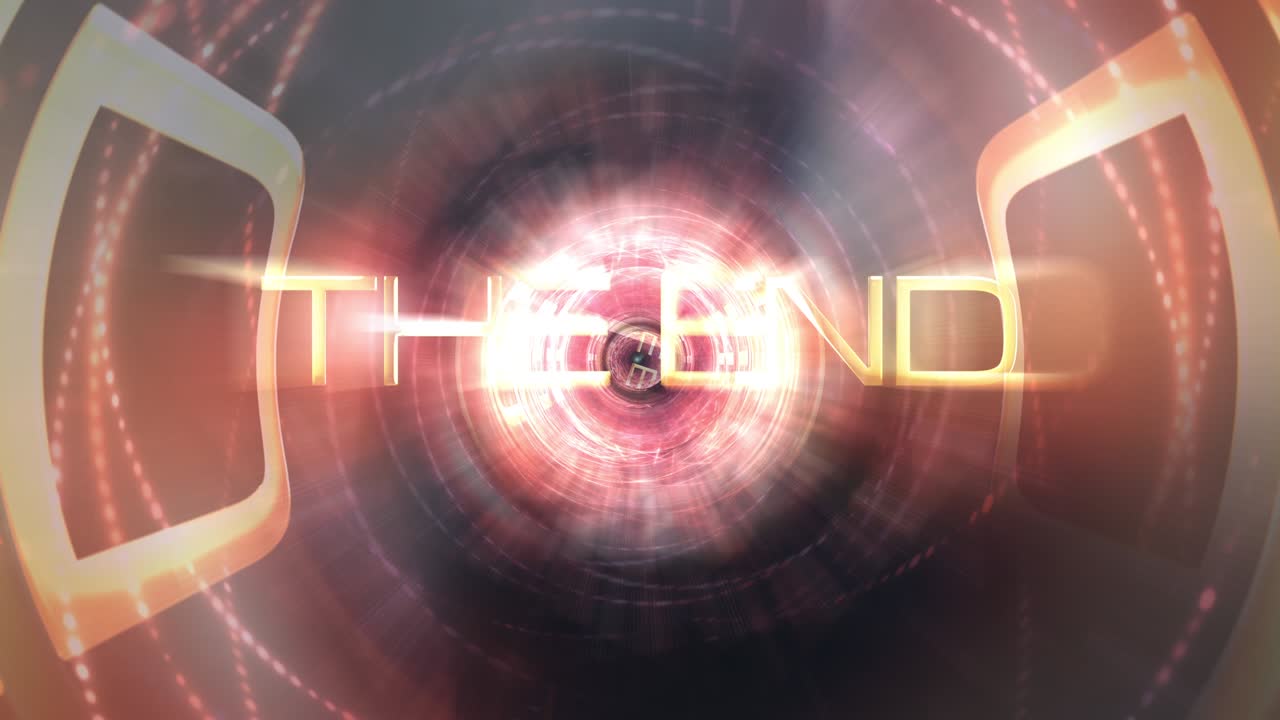 The End futuristic cinematic sci-fi stock footage. 4K 3D render title showing The End golden text message with futuristic technology motion background concept with optical flare light cyberspace.