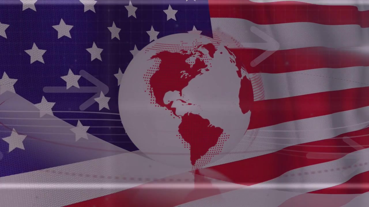 Bright bar sweeping starting globe rotating, red lands fading, revealing white orb, US flag waving