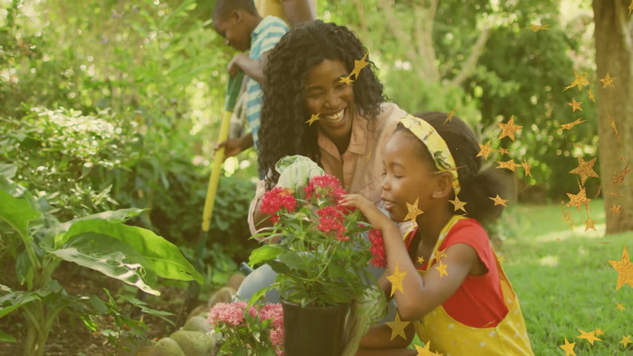 Girl feeling potted red blooms, mother guiding child, boy watering, stars rising, garden education