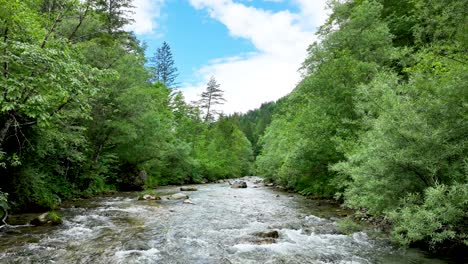 Aerial-Drone-Through-Logar-Valley-Beautiful-Water-Flow-Riverbed-Slovenia-Travel-and-Tourism,-Unpolluted-Landscape