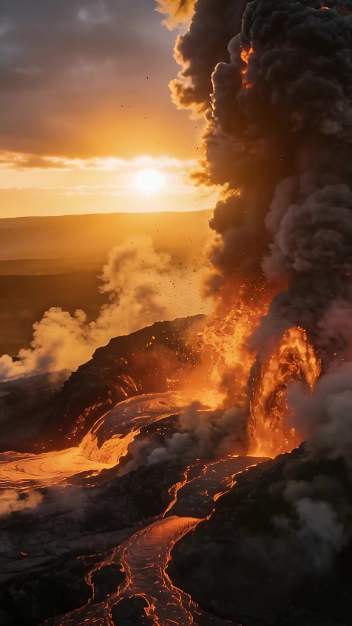 Video verticale: Sfiato che si apre eruttando una fontana di lava al tramonto, formando canali intrecciati.