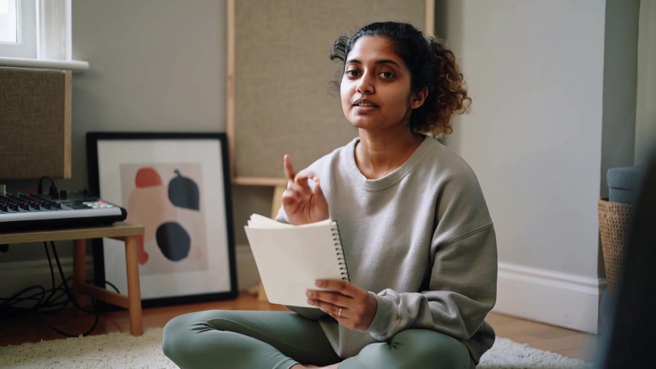 Closing eyes briefly leading woman rehearsing from spiral notebook at home in grey sweater, synth