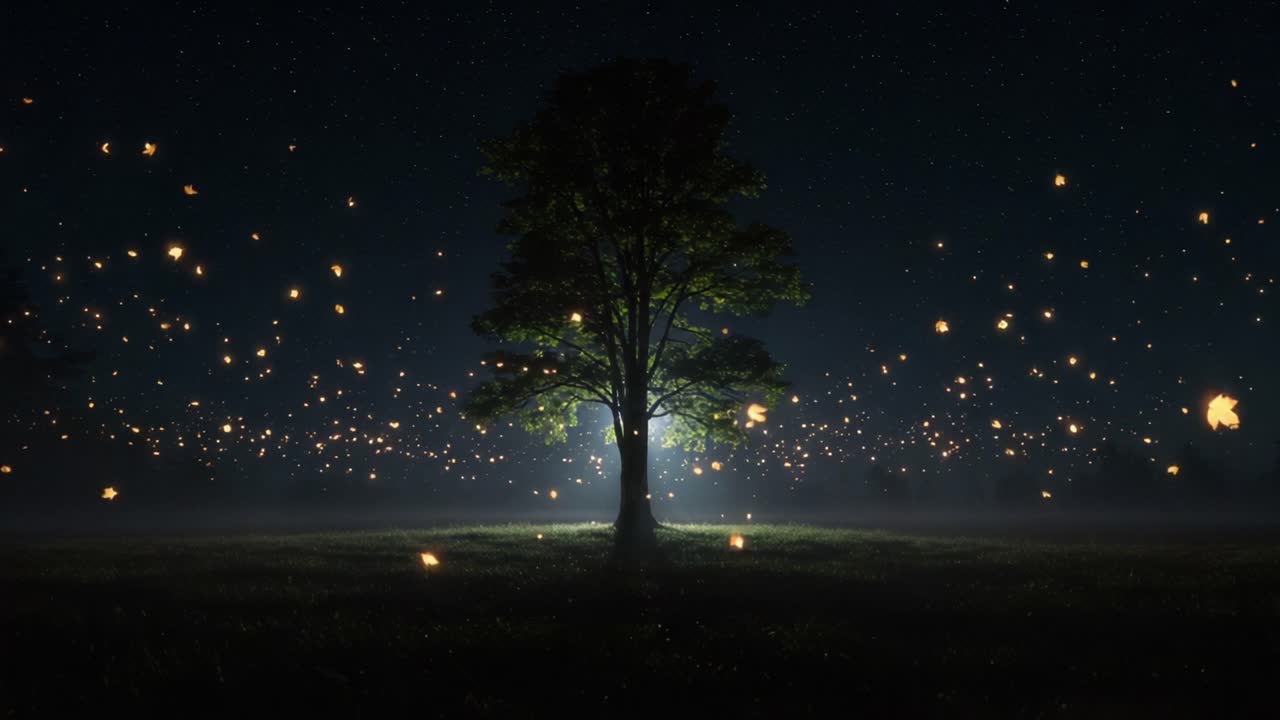 A Majestic Tree Illuminated at Night, Surrounded by Twinkling Lights and Floating Particles Under a Starry Sky, Creating a Dreamlike Atmosphere of Serenity