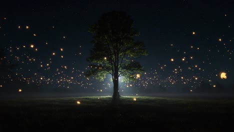 a majestic tree illuminated at night, surrounded by twinkling lights and floating particles under a starry sky, creating a dreamlike atmosphere of serenity