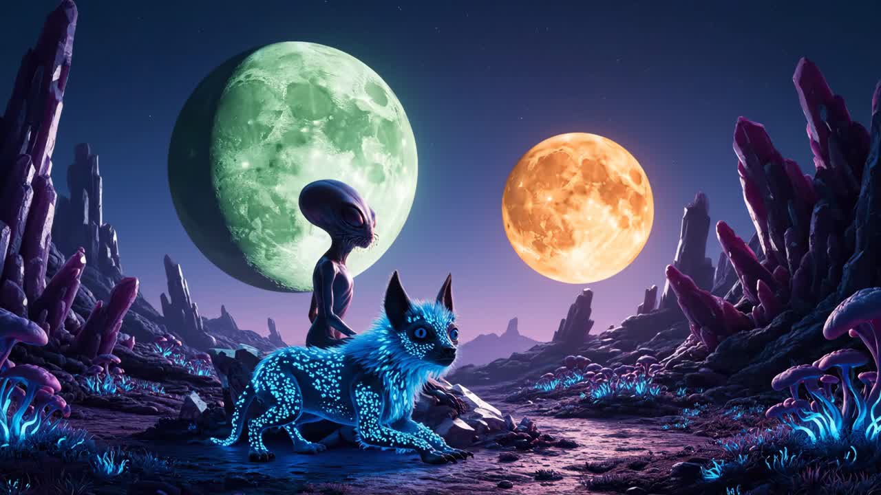 An alien landscape with a glowing creature and two moons
