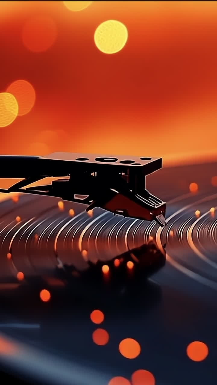 Spinning vinyl sets a warm vibe. A vinyl record spins on a turntable, with vibrant bokeh lights enhancing the cozy atmosphere in the background.