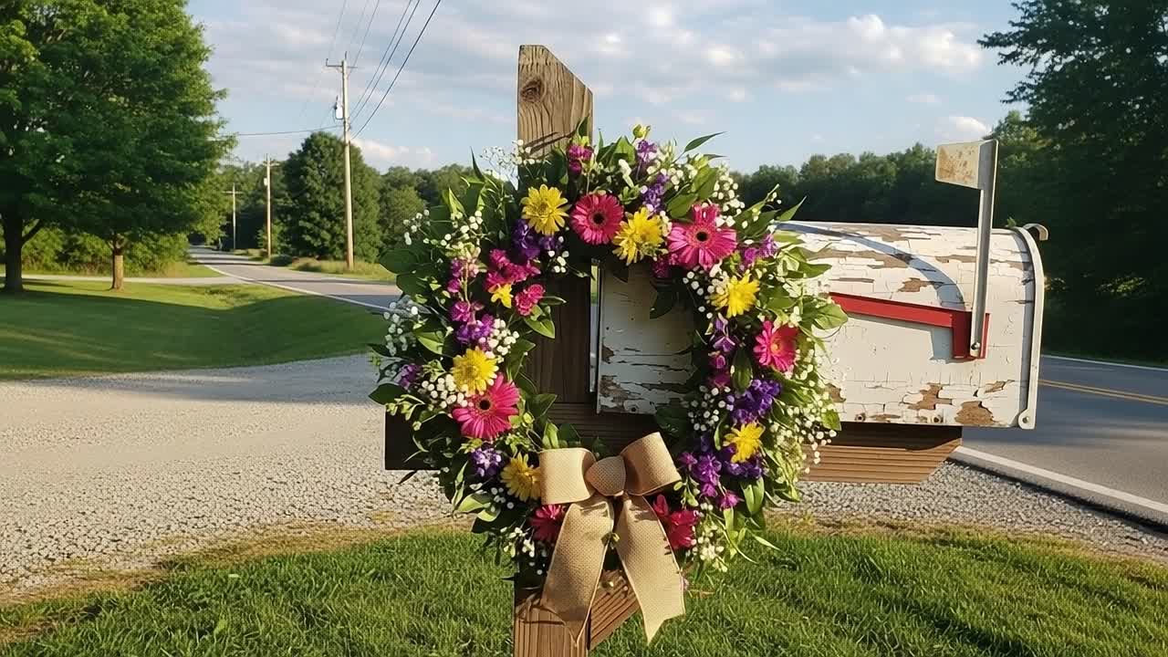 Una Ghirlanda Floreale Splendidamente Disposta Adorna una Cassetta della Posta, Portando Colore e Fascino al Paesaggio Suburbano Durante una Giornata di Sole