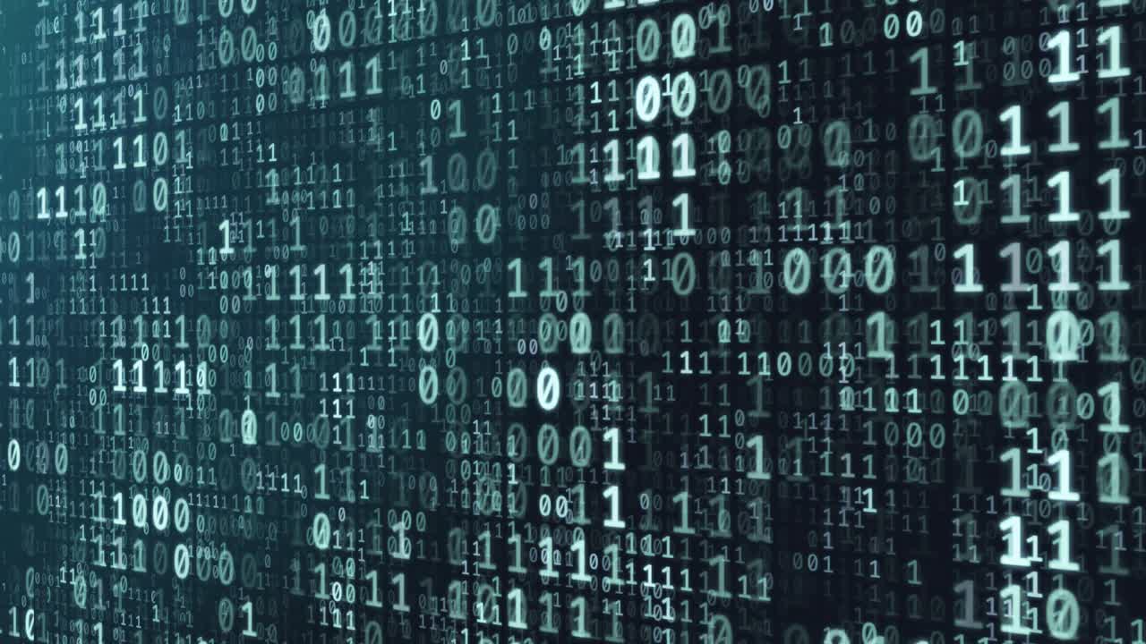 Abstract futuristic cyberspace with binary code, matrix animated background with digits. Programming code, mining cryptocurrency and bitcoin concept looped animation. Web development, virtual space