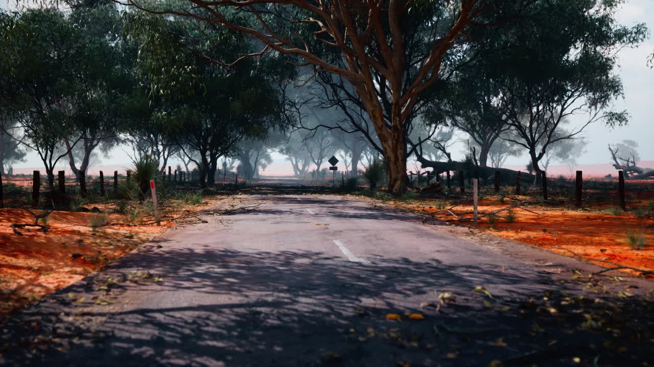 오스트레일리아의 외을 가로질러 먼지가 많은 긴 도로