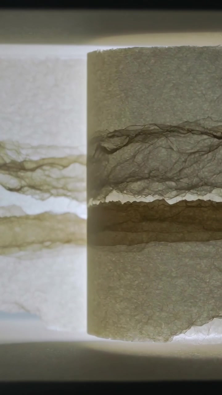 Vertical video: Entering roll moving left across lightbox, overlapping thin fibrous strips to cover