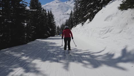 movement back view sporty woman skier skiing down on ski slope among pine forest