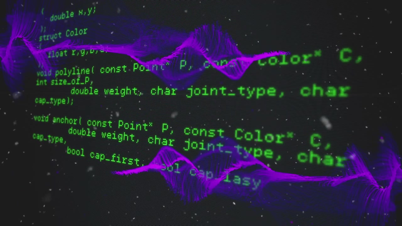 Animation von violetten Wellen über Datenverarbeitung auf schwarzem Hintergrund.