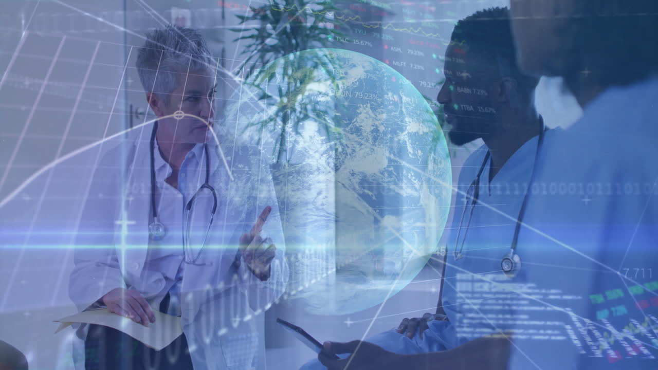 Discussing medical data, doctors with animation of Earth and digital connections