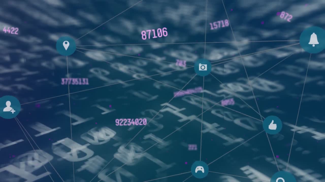 파란색 배경에 데이터 처리 및 미디어 아이콘의 애니메이션