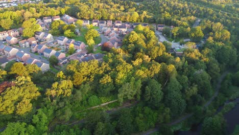 sunrise glow over suburban solar powered houses surrounded by trees