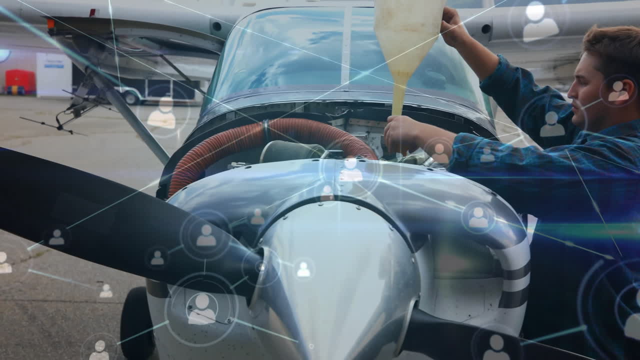 vertido de combustible en el motor del avión, conexiones de red animación sobre escena de mantenimiento del avión