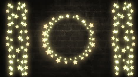 glowing circle and strings of fairy lights on brick wall background