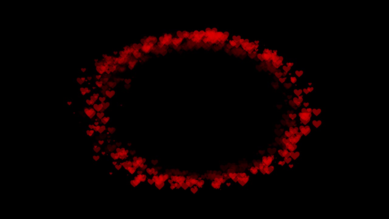 검은색 배경에 있는 추상적인 애니메이션으로 회전하는 빨간색 심장의 타원형 프레임